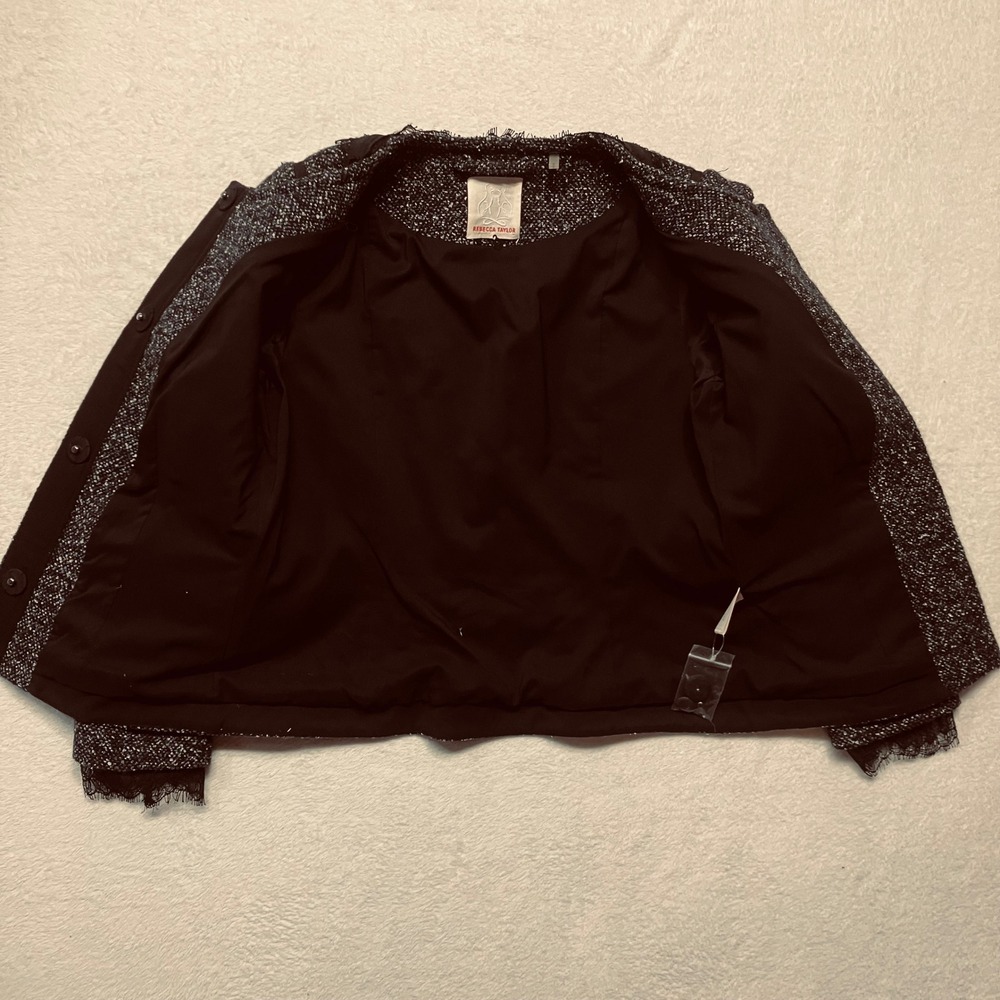 REBECCA TAYLOR Tweed Collarless Jacket Black Tweed Blazer Lace Trim Women's SZ 4 - Picture 5 of 16